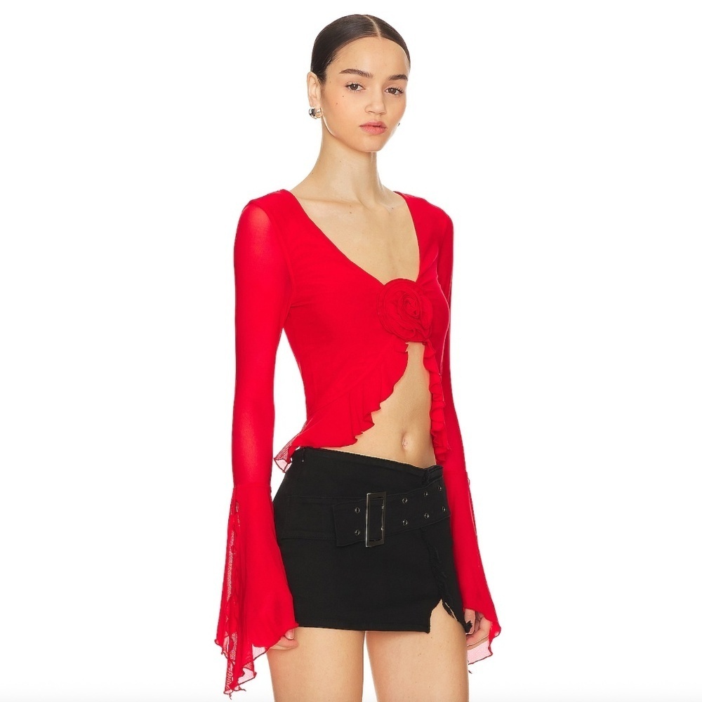 MAJORELLE Red Long-Sleeve Cropped Top with Flared Sleeves
